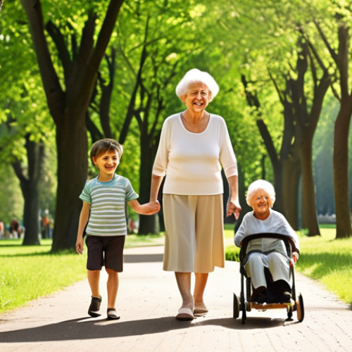 Home 19 **
Prompt: Elderly woman smiling, walking in a park with her grandchildren. Bright sunshine, green trees. Focus on her improved mobility and happiness. Realistic style.
**