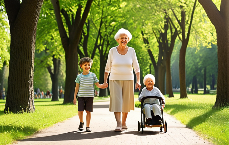 **
Prompt: Elderly woman smiling, walking in a park with her grandchildren. Bright sunshine, green trees. Focus on her improved mobility and happiness. Realistic style.
**