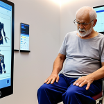 **Prompt:** A futuristic, bright physiotherapy clinic. An individual (e.g., an elderly patient or a person recovering from an injury) is actively engaged in rehabilitation, supported by a sophisticated, sleek robotic exoskeleton for leg or arm movements. In the background, transparent screens display real-time, complex AI-generated data visualizations of muscle activation, progress metrics, and personalized treatment plans. A compassionate physiotherapist, observing intently with a supportive expression, monitors the data on a tablet, blending cutting-edge technology with human expertise. The scene conveys hope, advanced healing, precision, and the synergy between robotics, AI, and human care. Realistic, high-detail, medical sci-fi, bright ambient lighting.