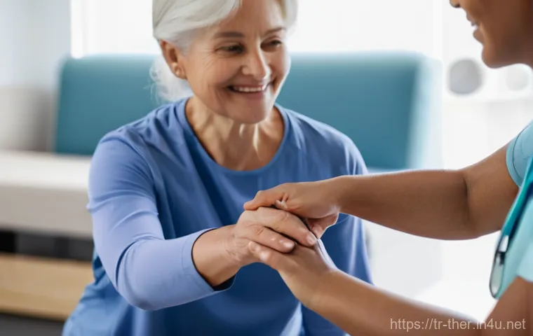 물리치료사와 환자의 심리적 관계 - **Prompt: Empathetic Connection in Physical Therapy**
A close-up, warm and inviting portrait of ...