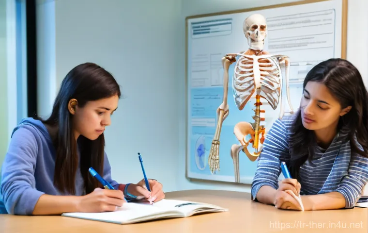 물리치료사 전공 과목 학습법 - **Prompt 1: Engaging with Anatomy and Visual Learning**
"A diverse group of three physiotherapy ...