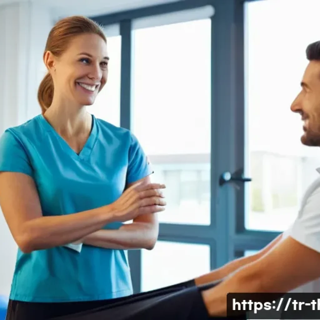 물리치료사의 임상 연구 참여 - **Prompt:** "A compassionate female physiotherapist, appearing to be in her 30s or 40s with a warm s...