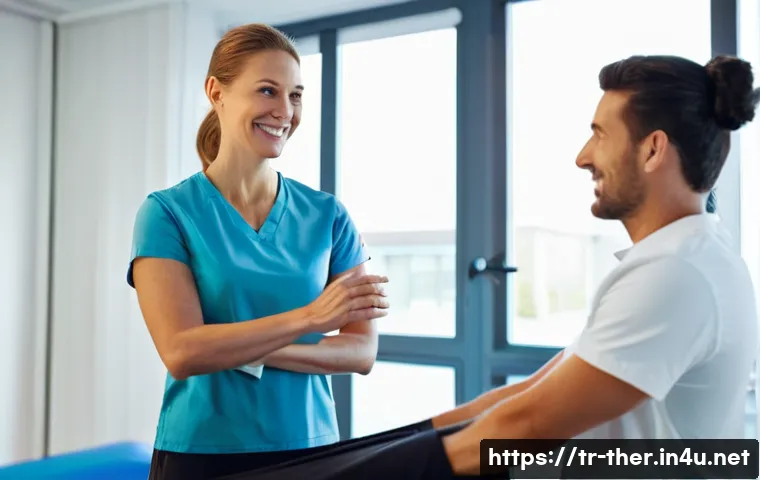 물리치료사의 임상 연구 참여 - **Prompt:** "A compassionate female physiotherapist, appearing to be in her 30s or 40s with a warm s...