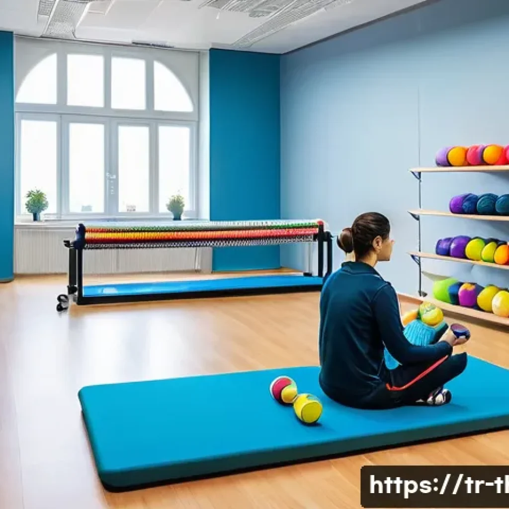 물리치료사의 재활용품 활용 아이디어 - A modern physical therapy clinic room in Turkey, featuring a therapist demonstrating creative reuse ...