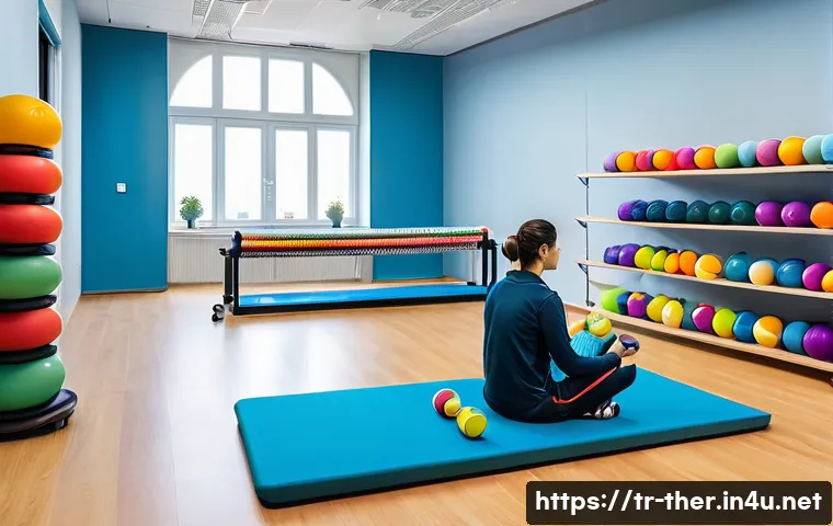 물리치료사의 재활용품 활용 아이디어 - A modern physical therapy clinic room in Turkey, featuring a therapist demonstrating creative reuse ...
