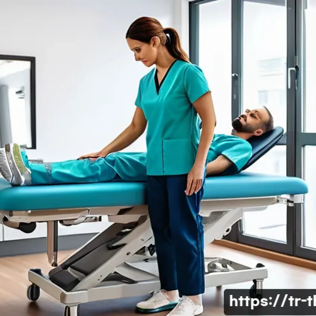 물리치료사의 직업 병 예방 방법 - A modern physical therapy clinic scene featuring a professional Turkish physical therapist adjusting...