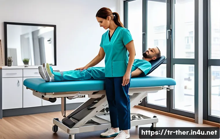 물리치료사의 직업 병 예방 방법 - A modern physical therapy clinic scene featuring a professional Turkish physical therapist adjusting...