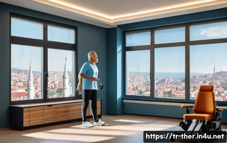 물리치료사의 최신 기술 도입 사례 - A modern physical therapy clinic in Istanbul, Turkey, featuring a middle-aged male patient wearing c...