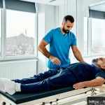 물리치료사의 하루 일과 - A professional physiotherapist clinic scene in Istanbul during early morning hours, showing a divers...
