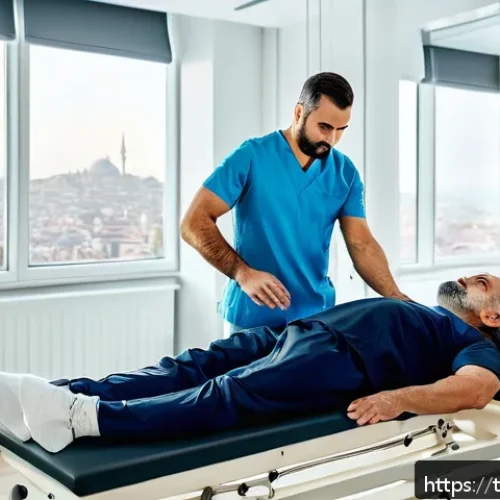 물리치료사의 하루 일과 - A professional physiotherapist clinic scene in Istanbul during early morning hours, showing a divers...