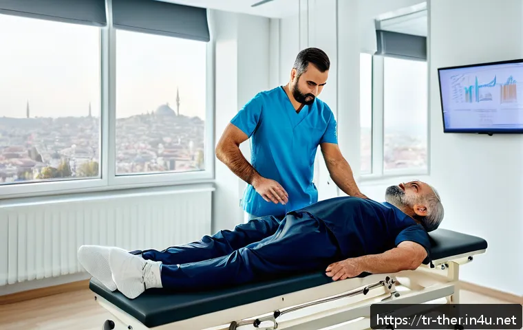 물리치료사의 하루 일과 - A professional physiotherapist clinic scene in Istanbul during early morning hours, showing a divers...