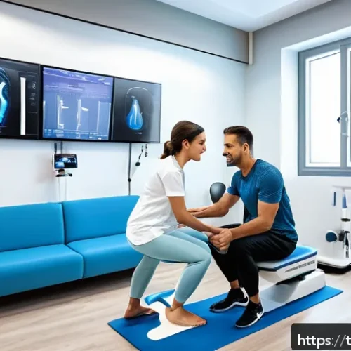 물리치료사의 치료 효과 분석 - A modern physiotherapy clinic scene showing a diverse Turkish adult patient wearing comfortable athl...