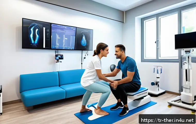 물리치료사의 치료 효과 분석 - A modern physiotherapy clinic scene showing a diverse Turkish adult patient wearing comfortable athl...