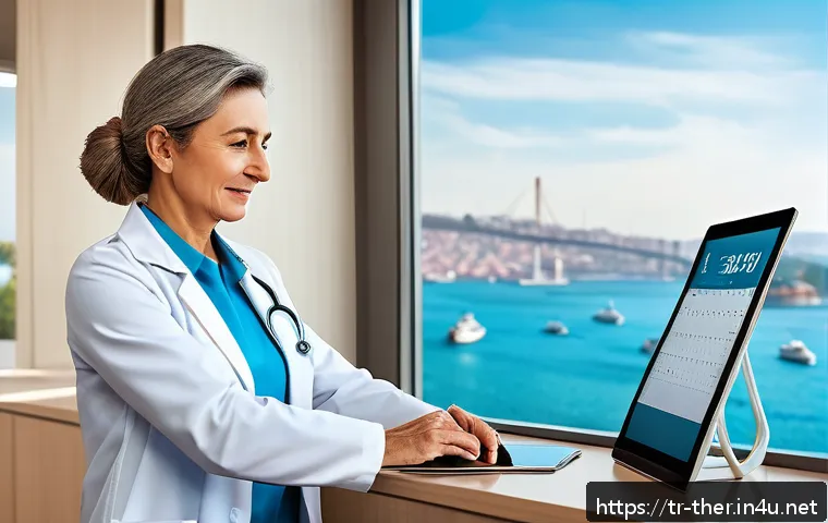 물리치료사의 근무 스케줄 관리 - A professional physiotherapist clinic setting in Istanbul, Turkey, showing a focused middle-aged fem...