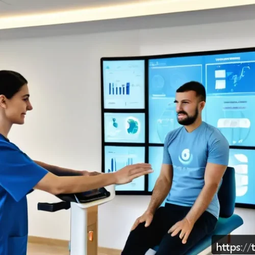 물리치료사의 직업적 성장 사례 - A modern Turkish physiotherapy clinic scene showing a professional female physiotherapist in smart c...