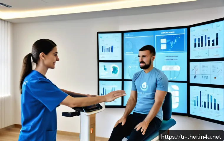 물리치료사의 직업적 성장 사례 - A modern Turkish physiotherapy clinic scene showing a professional female physiotherapist in smart c...