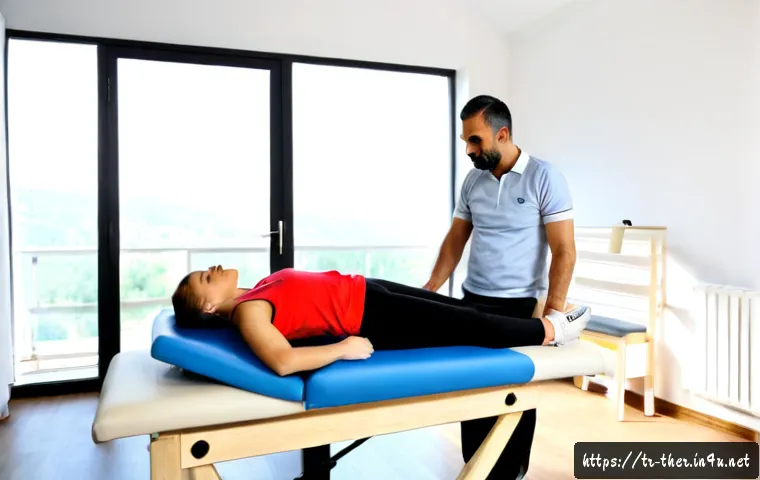 물리치료사 도수치료 교육 과정 - Photorealistic Turkish physiotherapy training workshop in a bright modern rehabilitation clinic, a f...
