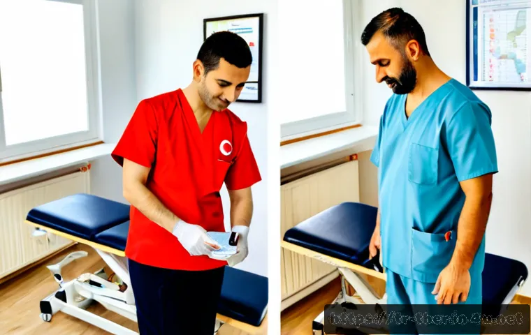 Home 17 물리치료사의 연봉 비교 사례 - Photorealistic split-screen comparison scene in a modern Turkish physical therapy setting: on the le...